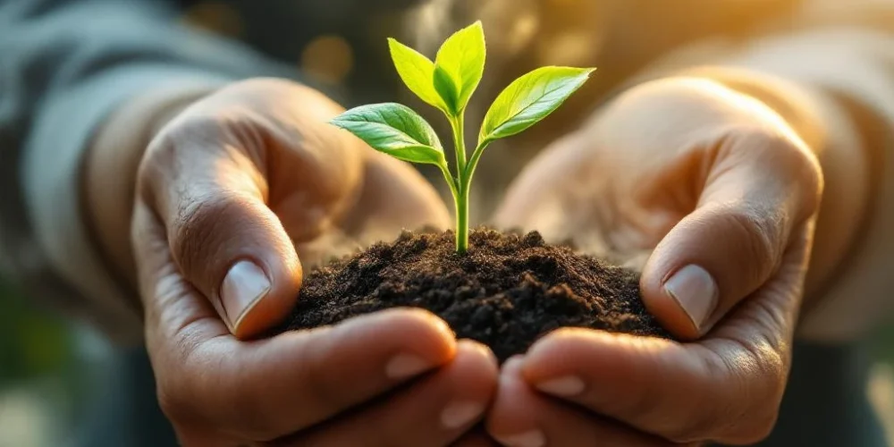 Weathered hands cupping small green plant sprouting from soil with golden sunlight in blurred office background