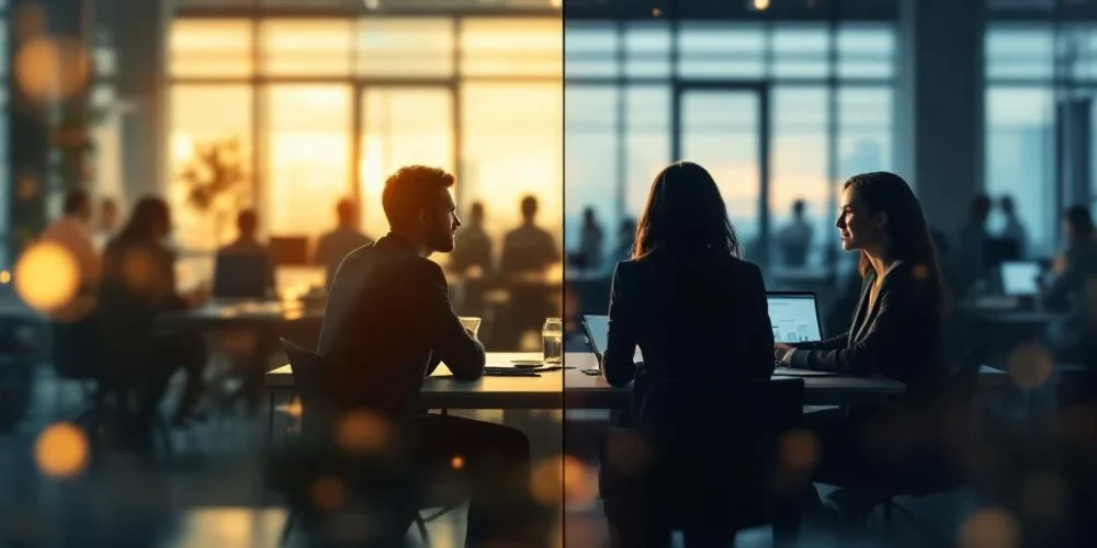 team-coaching-office-workplace-development.jpg Split-screen showing busy office with team members at desks on left, one-on-one coaching session at modern desk on right.