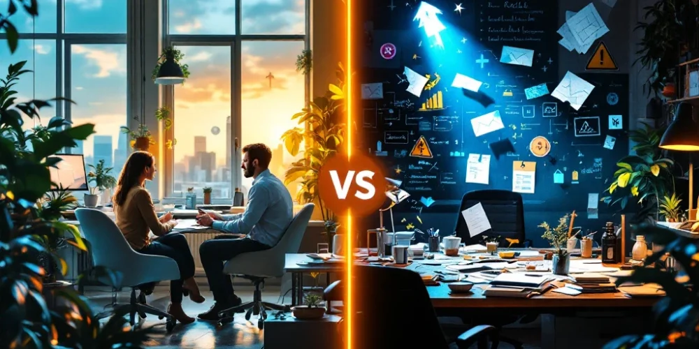 preventieve-coaching-vs-reactieve-crisis-werkplek.jpg Werkplek vergelijking: georganiseerd kantoor met coach en medewerker versus chaotische werkruimte met stress indicatoren