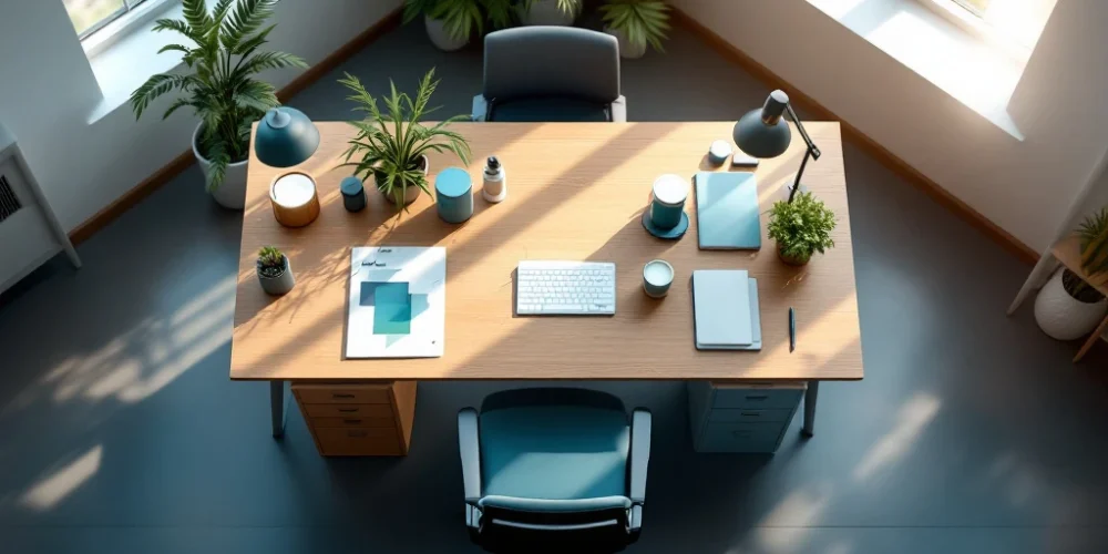 Modern office workspace with wooden desk, organized supplies, green plant, ergonomic chair, and natural lighting.