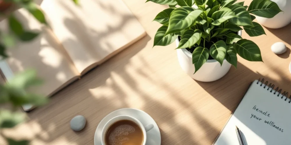 Green plant in white pot on modern office desk with herbal tea, notebook, and river stones in natural lighting