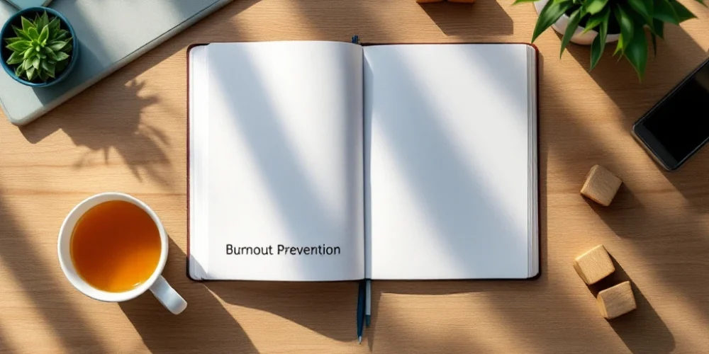 Open wellness journal with burnout prevention diagrams on modern office desk with herbal tea, succulent plant, and wooden coaching blocks in natural lighting.