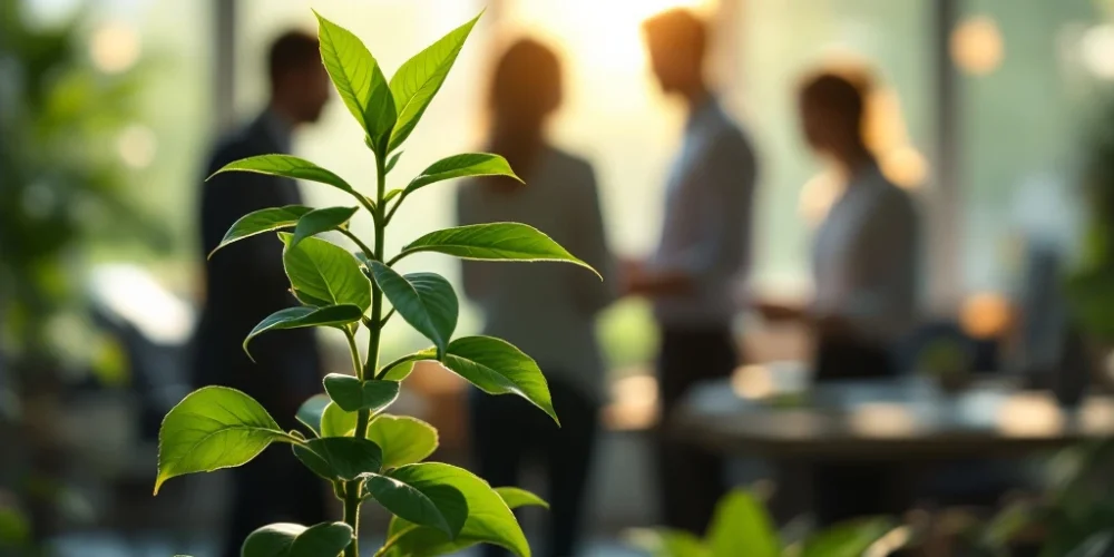 workplace-growth-office-plant-collaboration.jpg Green office plant in foreground with blurred colleagues collaborating in bright modern workspace behind