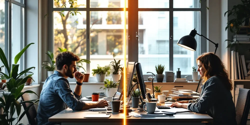 workplace-wellness-prevention-vs-treatment-office.jpg Split-screen workplace comparison: organized, bright office with wellness items versus cluttered, dark desk with scattered papers